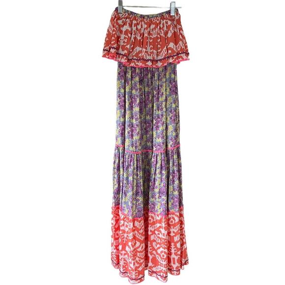 Place du Soleil Floral Ikat Tiered Sleeveless Ruffle Maxi Dress Multicolor - Picture 2 of 11